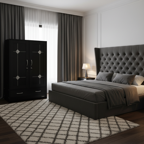 Black Double-Door Wardrobe with Silver Diamond Accents & Storage Drawers | Buy in UAE