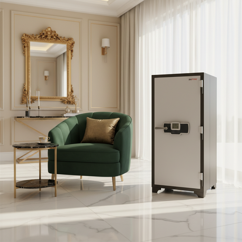 Premium Fire-Rated Safe in Luxury Living Room Interior – Home Security UAE