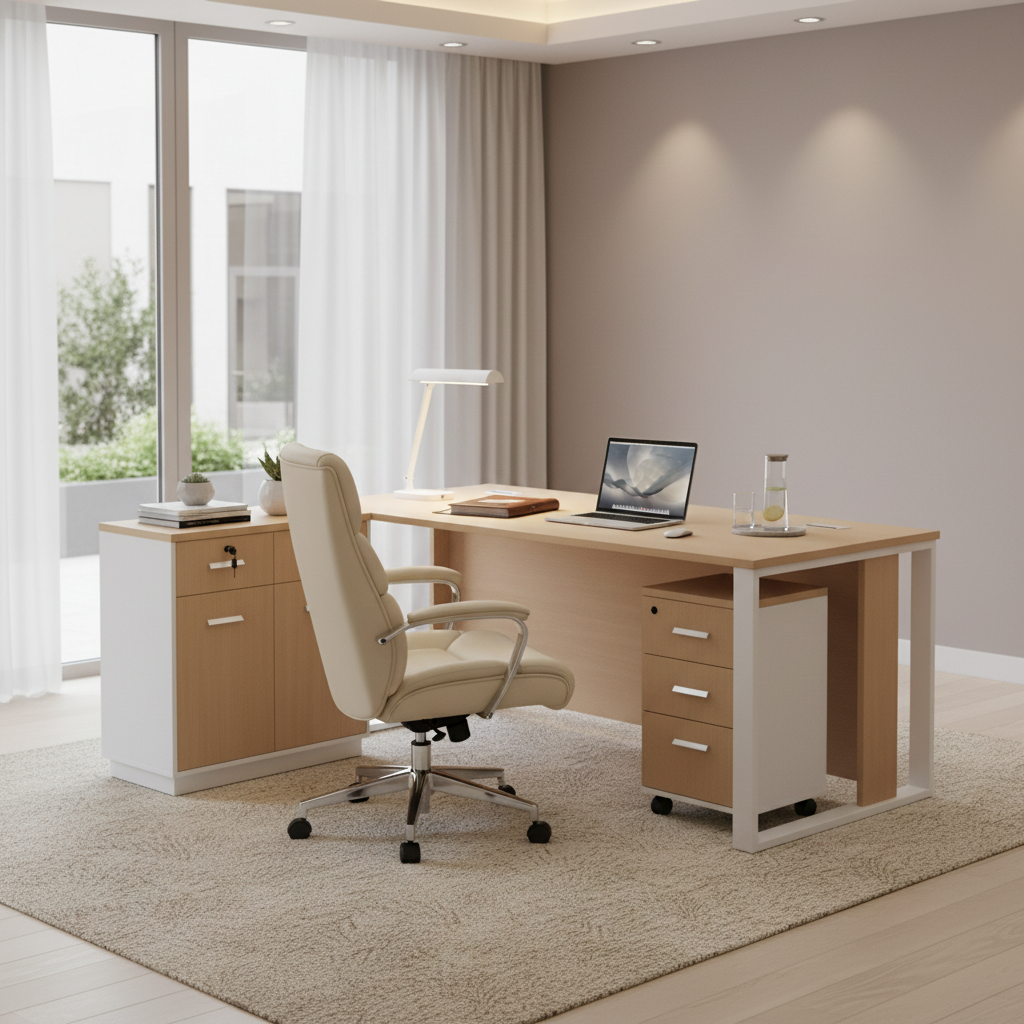 Office Desk with Side Table & Pedestal Drawer 200cm - Oak Finish | Dubai UAE