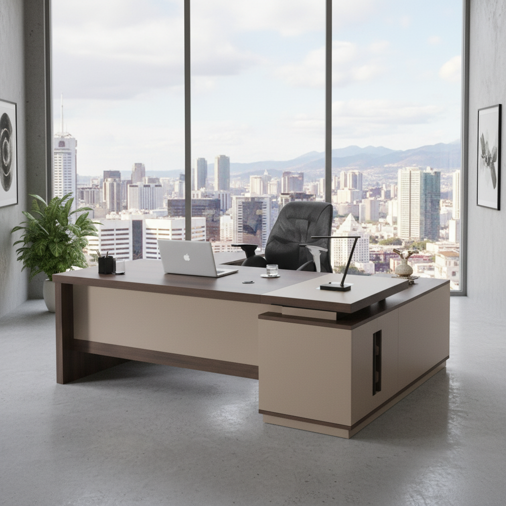 L-Shape Office Desk 1.6M Coffee & Khaki UAE | Premium Executive Workstation Dubai