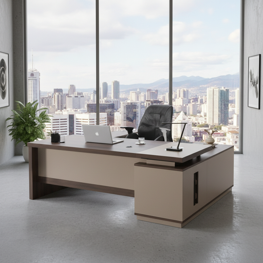 L-Shape Office Desk 1.6M Coffee & Khaki UAE | Premium Executive Workstation Dubai