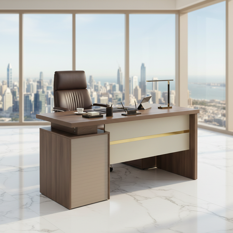 Luxury walnut executive office desk with Dubai skyline view – IH-L952-WAL premium office table UAE