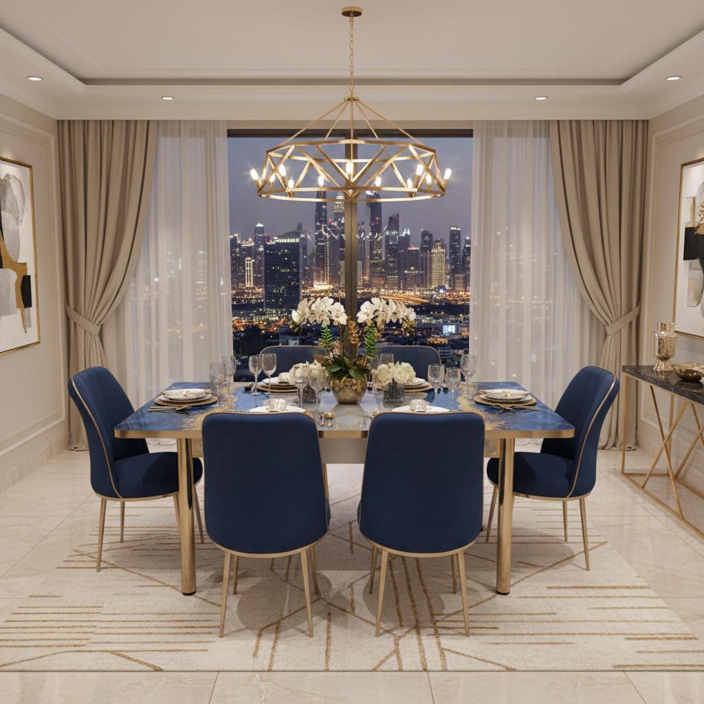 Blue and Gold Marble Dining Set 170x80cm | Luxury Dining Table UAE