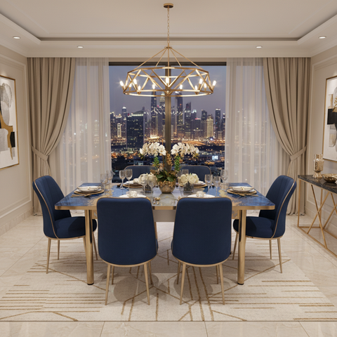 Blue and Gold Marble Dining Set 170x80cm | Luxury Dining Table UAE