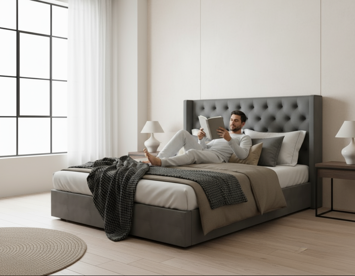 Grey Wooden Bed with Tall Upholstered Headboard 120×200cm | UAE Furniture | Dubai Abu Dhabi Sharjah