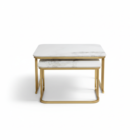 Sintered Stone Coffee Table Set (1+1) | White & Gold | IH A91 – INFINI HOMES