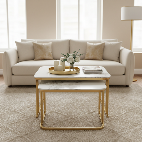 Sintered Stone Coffee Table Set (1+1) | White & Gold | IH A91 – INFINI HOMES