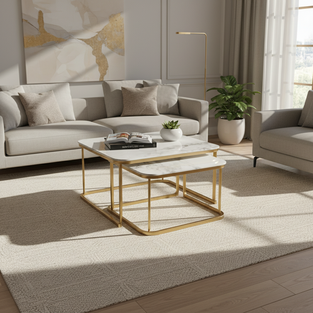 Sintered Stone Coffee Table Set (1+1) | White & Gold | IH A91 – INFINI HOMES