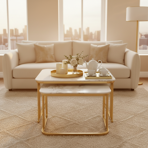 Sintered Stone Coffee Table Set (1+1) | White & Gold | IH A91 – INFINI HOMES