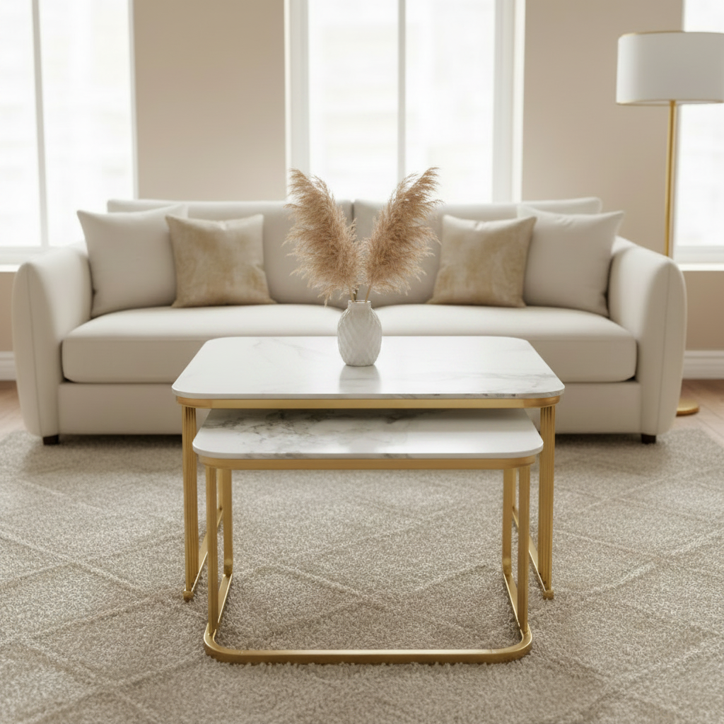 Sintered Stone Coffee Table Set (1+1) | White & Gold | IH A91 – INFINI HOMES