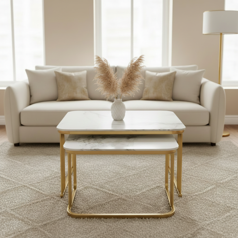 Sintered Stone Coffee Table Set (1+1) | White & Gold | IH A91 – INFINI HOMES
