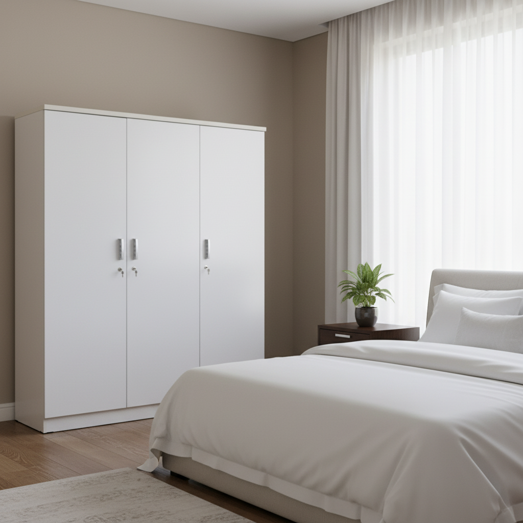 3-Door White Wardrobe in Modern Master Bedroom - UAE Delivery Dubai Abu Dhabi