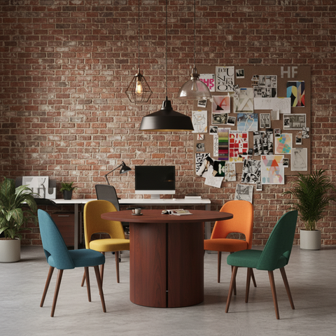 Round Wooden Meeting Desk in Creative Agency Office UAE – INFINI HOMES