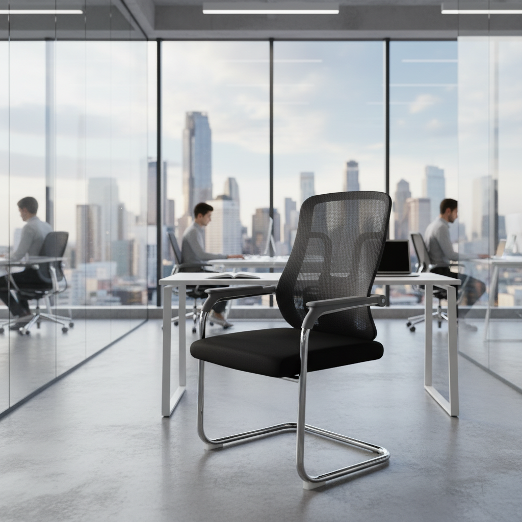 Mesh Back Visitor Chair with Chrome Arms in Modern UAE High-Rise Office – IH 318V | INFINI HOMES