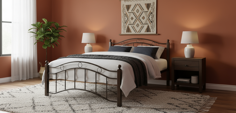 Heavy Duty Wooden Steel Bed Frame UAE | Twin Size Mahogany Bed | Dubai Abu Dhabi Sharjah