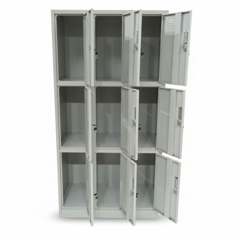 9-Door Metal Locker Cabinet Open View – Grey Steel Storage Unit UAE | INFINI HOMES