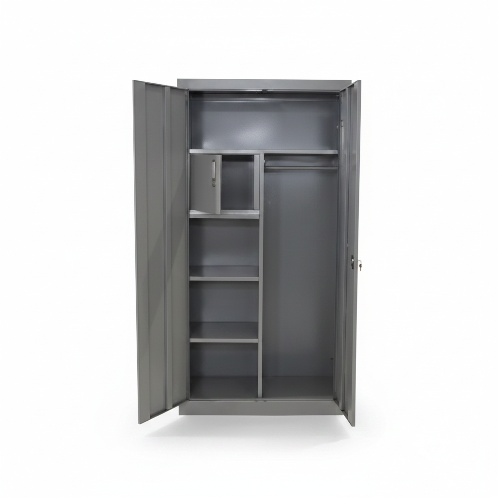 Metal Swing Door Wardrobe IH FC03 Grey – Open Interior with Shelves & Hanging Rail | Metal Wardrobe UAE | INFINI HOMES