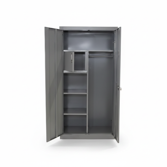 Metal Swing Door Wardrobe IH FC03 Grey – Open Interior with Shelves & Hanging Rail | Metal Wardrobe UAE | INFINI HOMES