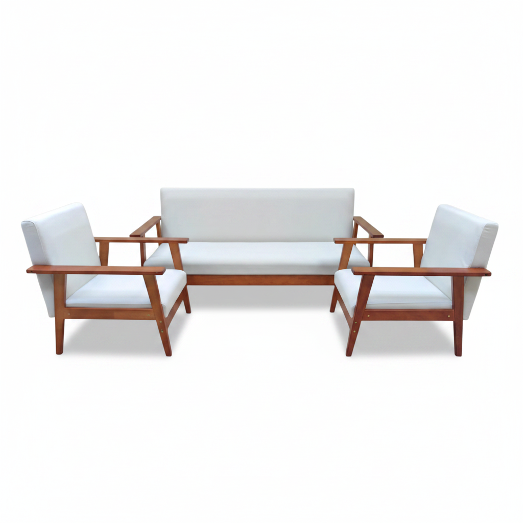 Wooden Sofa Set 3+1+1 | Cherry Wood & Off-White Cushions – INFINI HOMES