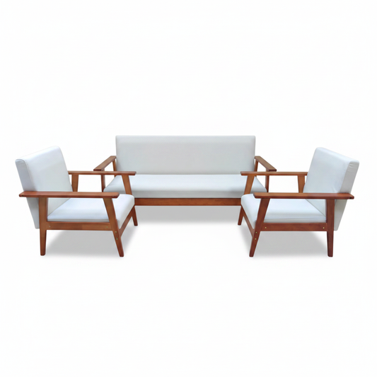 Wooden Sofa Set 3+1+1 | Cherry Wood & Off-White Cushions – INFINI HOMES