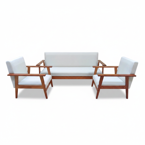 Wooden Sofa Set 3+1+1 | Cherry Wood & Off-White Cushions – INFINI HOMES