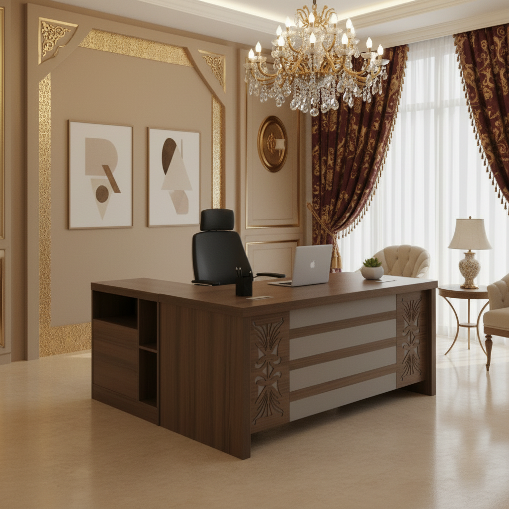 Premium executive desk 160cm in luxury Arabic-style office with chandelier and gold décor – IH-718 UAE