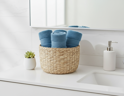 Minimalist bathroom display with premium cotton towel set UAE | INFINI HOMES luxury bath linen Dubai