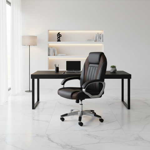 INFINI HOMES IH 7121 Black High Back PU Office Chair on white marble floor in a minimalist modern office setup – office chair Dubai, Abu Dhabi, UAE