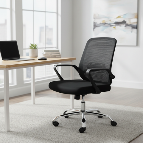 Medium Back Mesh Office Chair UAE | Ergonomic Chrome Base | Dubai Abu Dhabi | IH 9397 BLK