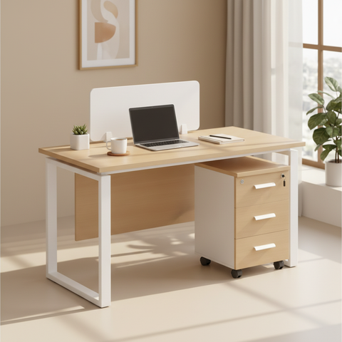 1 Person Office Workstation Desk with Drawers - Oak & White 120x60cm | Dubai UAE