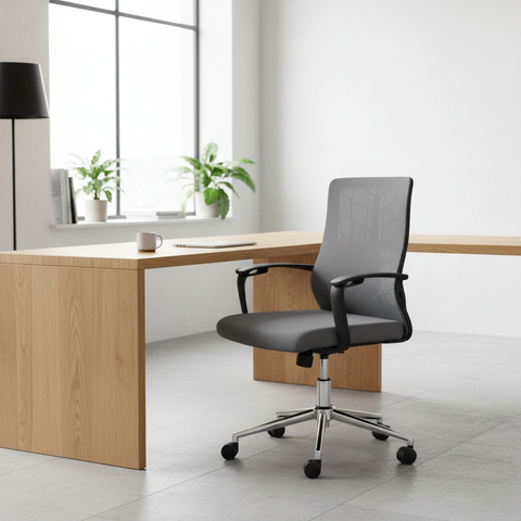 Medium Back Mesh Office Chair UAE | Ergonomic Chrome Base | Dubai Office Furniture | IH 8008M GRY