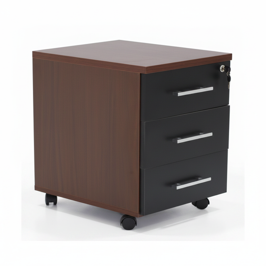 Wooden Mobile Pedestal 3 Drawer Cabinet with central lock and caster wheels – walnut and black finish, UAE delivery