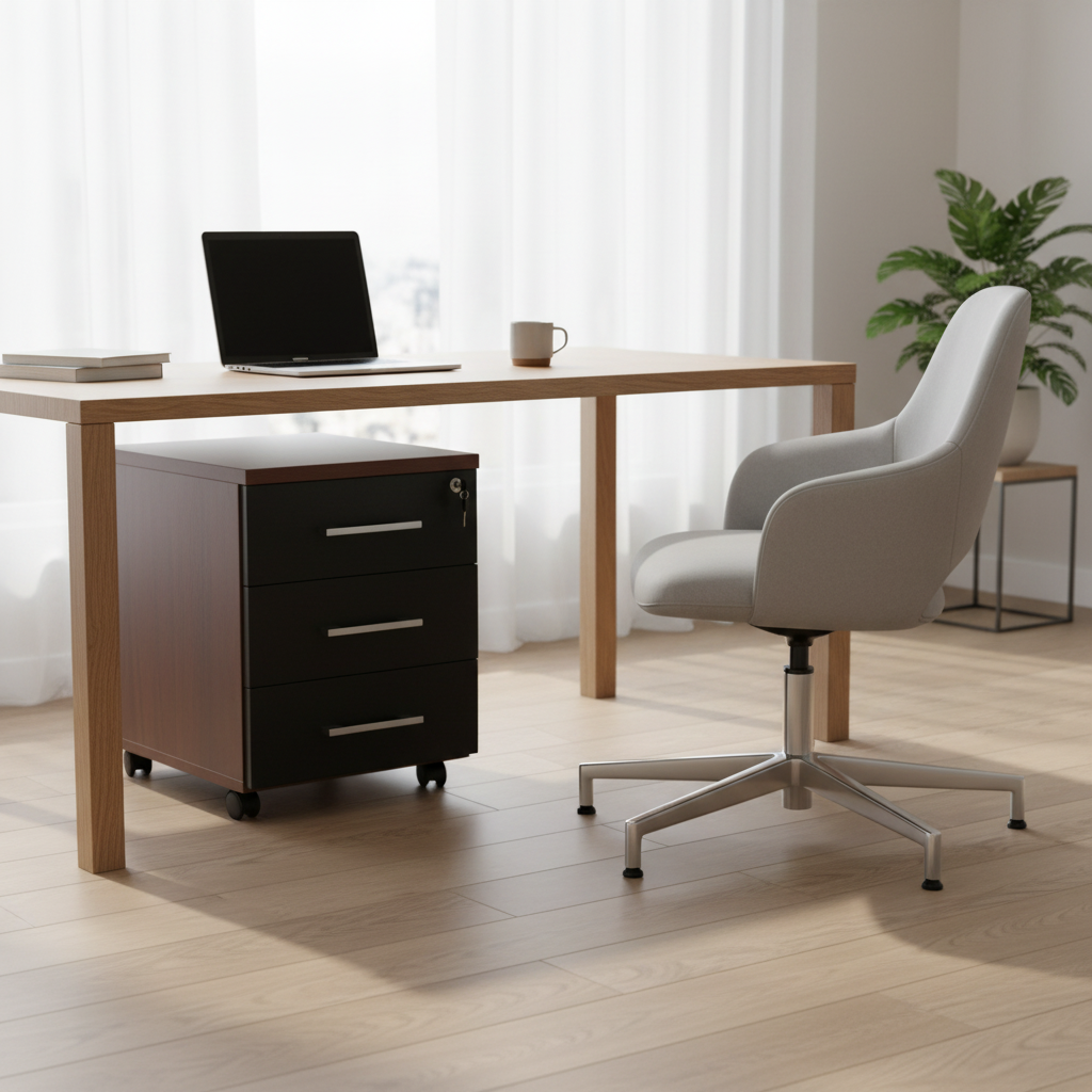 Wooden Mobile Pedestal 3 Drawer with Central Lock in minimalist home office setup – buy office storage furniture UAE