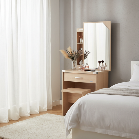 Sliding Mirror Dressing Table with Stool – Natural Oak Finish | UAE Delivery