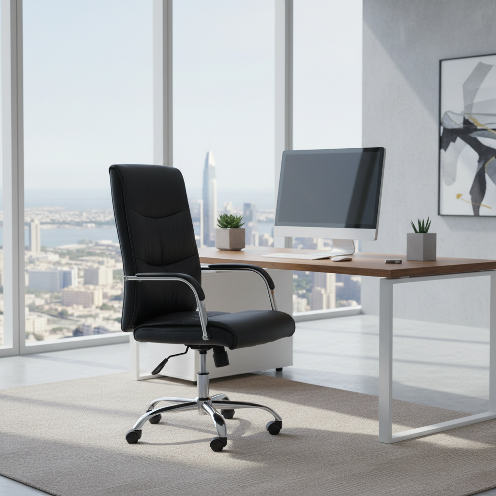Mid-Back Executive Office Chair IH-107 Black in modern UAE corporate office with city skyline view