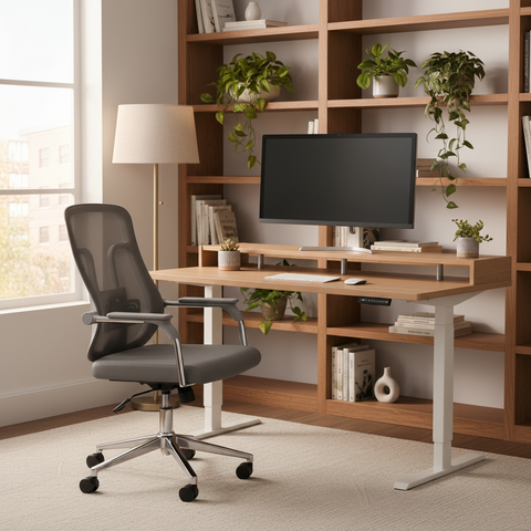 Medium Back Grey Mesh Office Chair with Chrome Base in Modern Home Office Setup with Wood Shelving – Buy Online UAE | INFINI HOMES