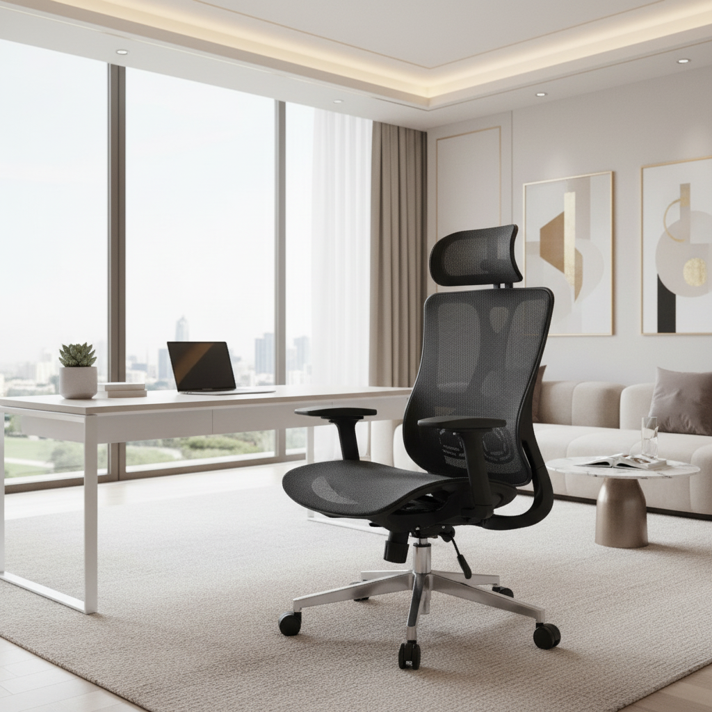 Ergonomic high back mesh chair in modern home office setup – home office furniture UAE | INFINI HOMES IH A-216