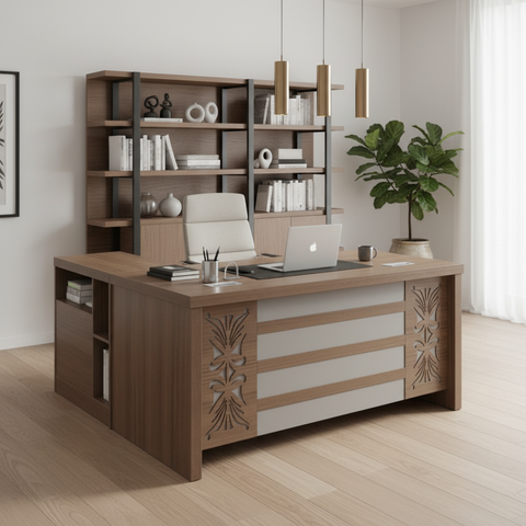 Premium Teak Executive Desk 160cm with carved panel detail in modern home office setup – IH-718 UAE