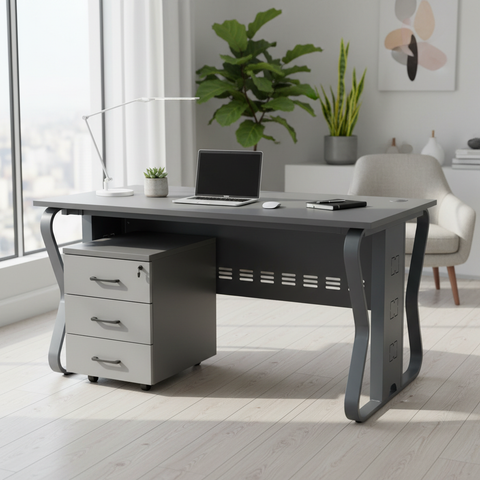 Modern Gray Office Desk with 3-Drawer Mobile Pedestal | UAE Delivery