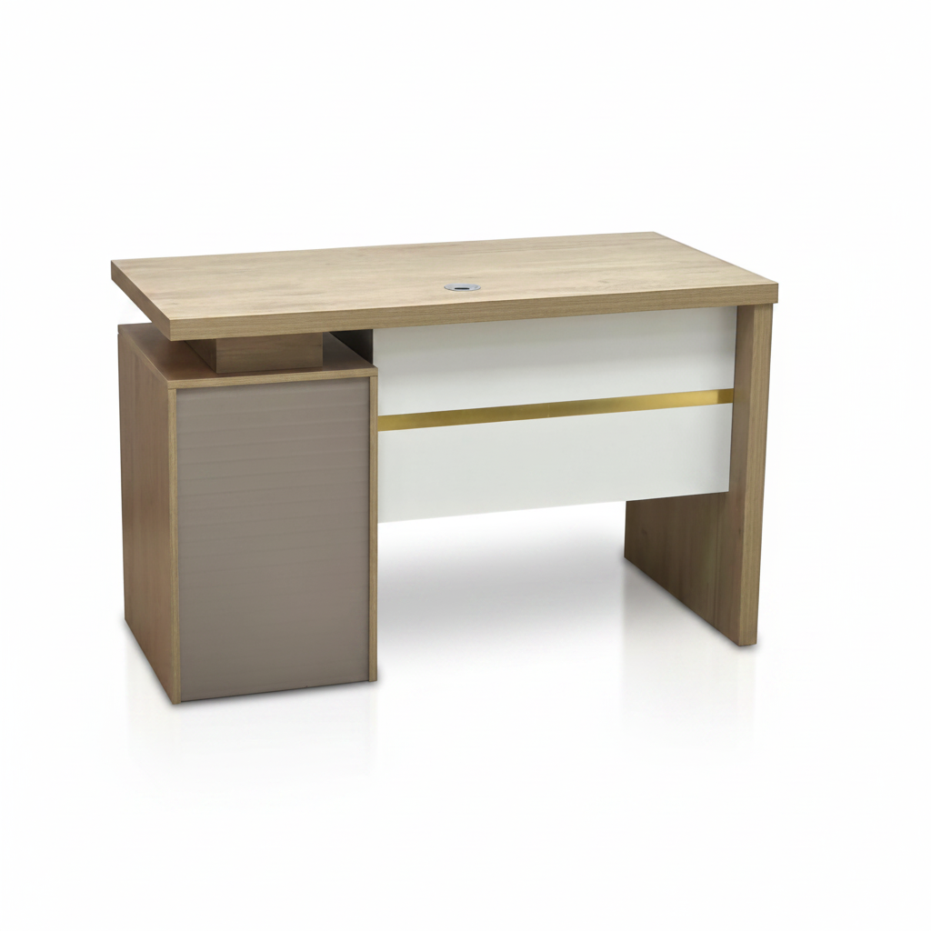 Office Table IH-L952-BEI Beige 120cm – Modern Wooden Desk with Gold Accent & Storage Cabinet UAE