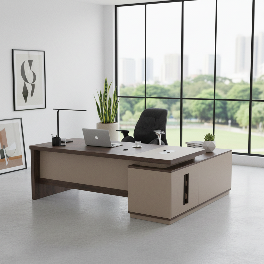 L-Shape Office Desk 1.6M Coffee & Khaki UAE | Premium Executive Workstation Dubai