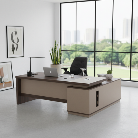 L-Shape Office Desk 1.6M Coffee & Khaki UAE | Premium Executive Workstation Dubai