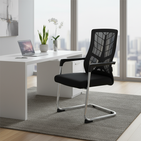 Mesh Back Visitor Chair UAE | Chrome Base Office Chair with Fabric Seat | IH 8008V