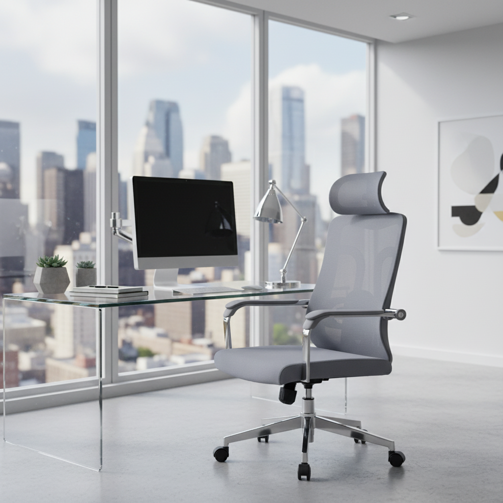 Ergonomic Mesh Grey Office Chair with Headrest - High Back Executive Chair UAE | Chrome Base | IH A-215-S