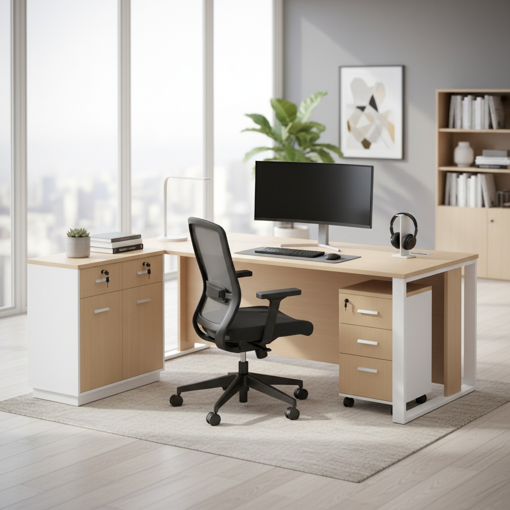 Office Desk with Side Table & Pedestal Drawer 200cm - Oak Finish | Dubai UAE