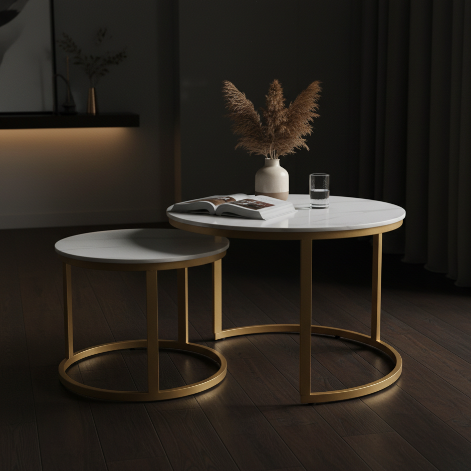 Sintered Stone Coffee Table Set (1+1) | IH 6-1 | 70×70 & 50×50 cm | Golden Base
