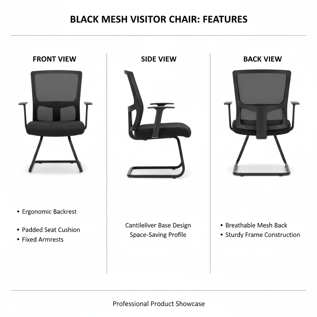Mesh Back Visitor Chair UAE | Office Guest Chair with Fixed Arms | Black