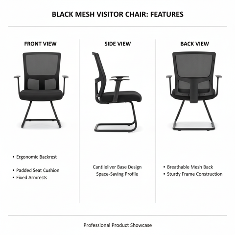 Mesh Back Visitor Chair UAE | Office Guest Chair with Fixed Arms | Black