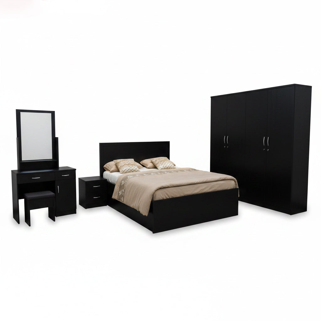 Black Bedroom Set IH-9180 King Size 180x200 | Bed Frame, Wardrobe, Dressing Table & Stool | Buy Furniture Dubai UAE