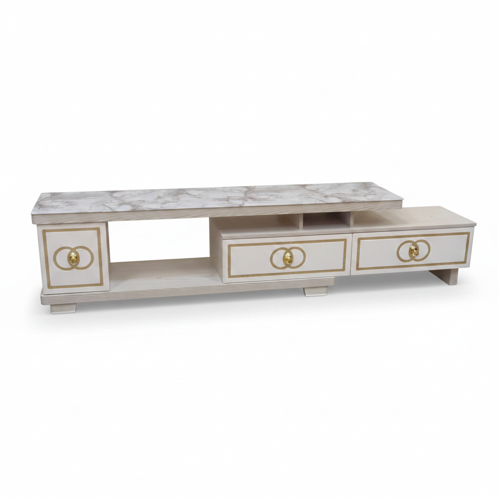Glossy TV Stand | Premium TV Unit with Marble Top & Gold Accents – UAE